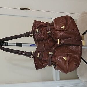 B. Makowsky Brown Mahogany Leather Belted Shoulder Satchel Bag